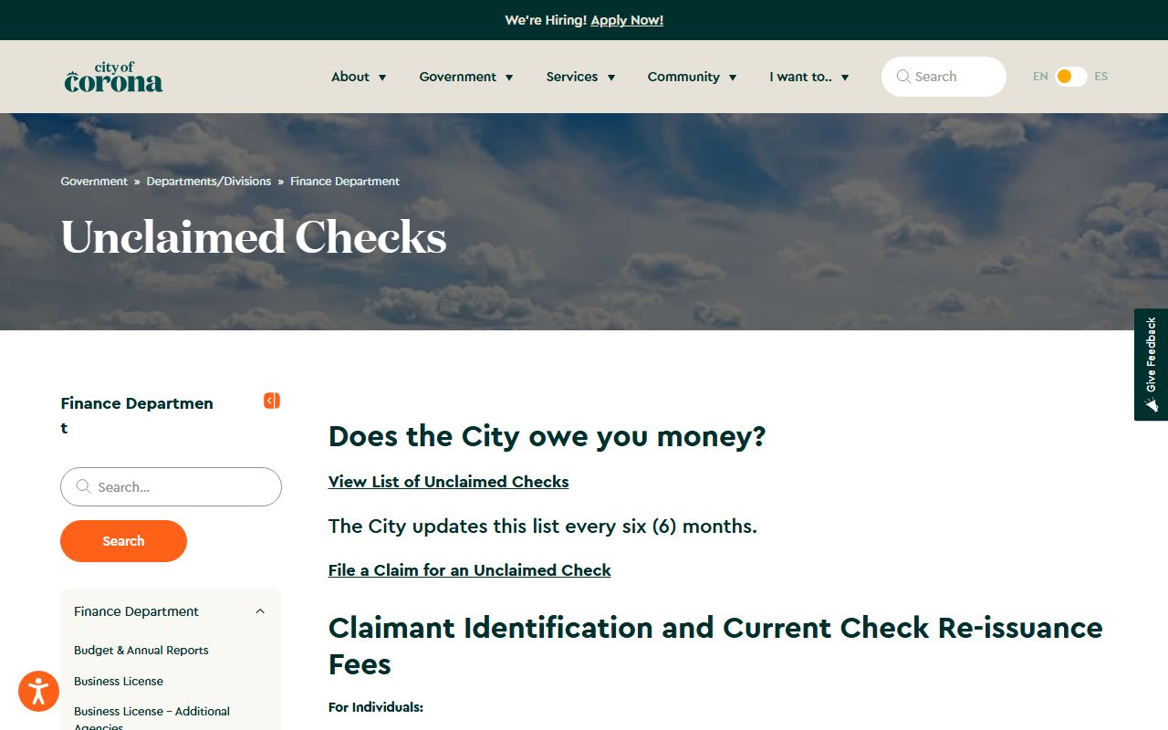 City of Corona unclaimed checks page