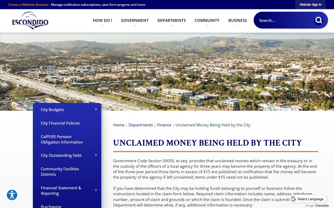 Escondido city unclaimed money program portal