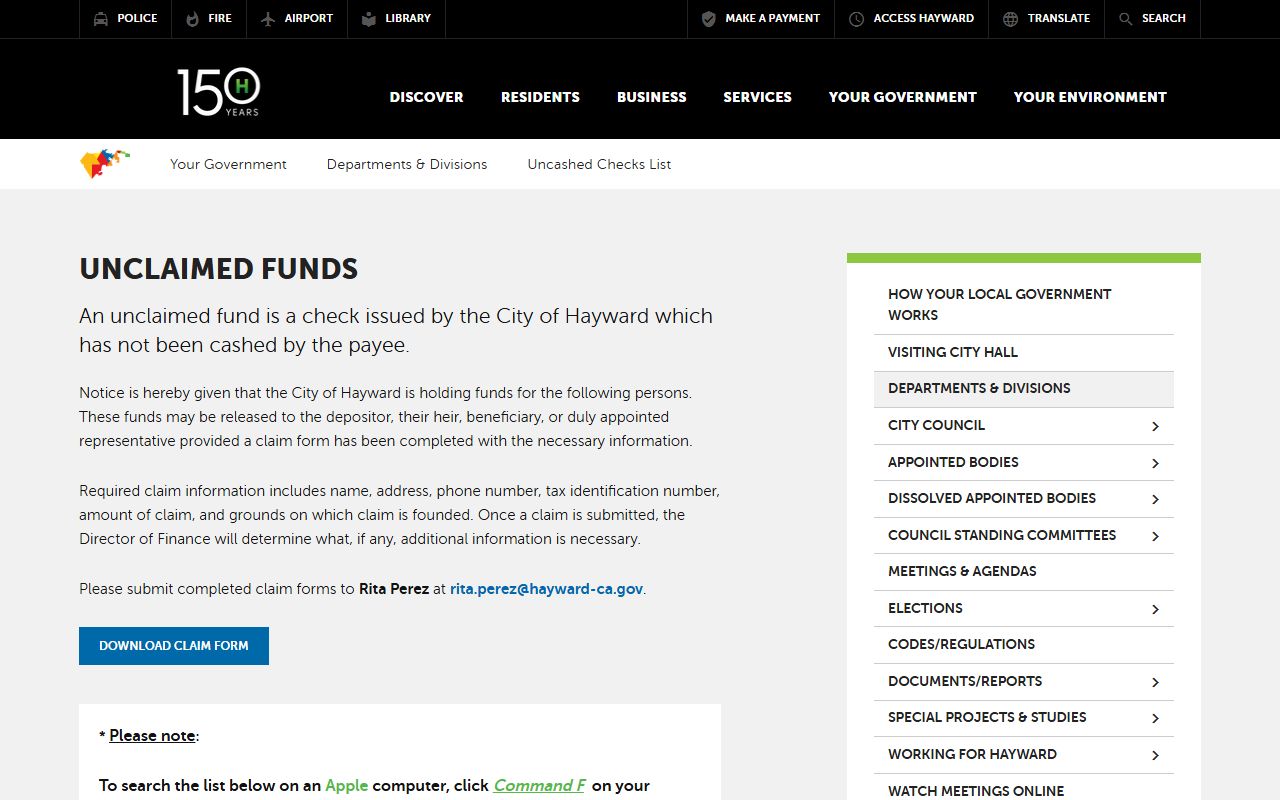 City of Hayward unclaimed funds page