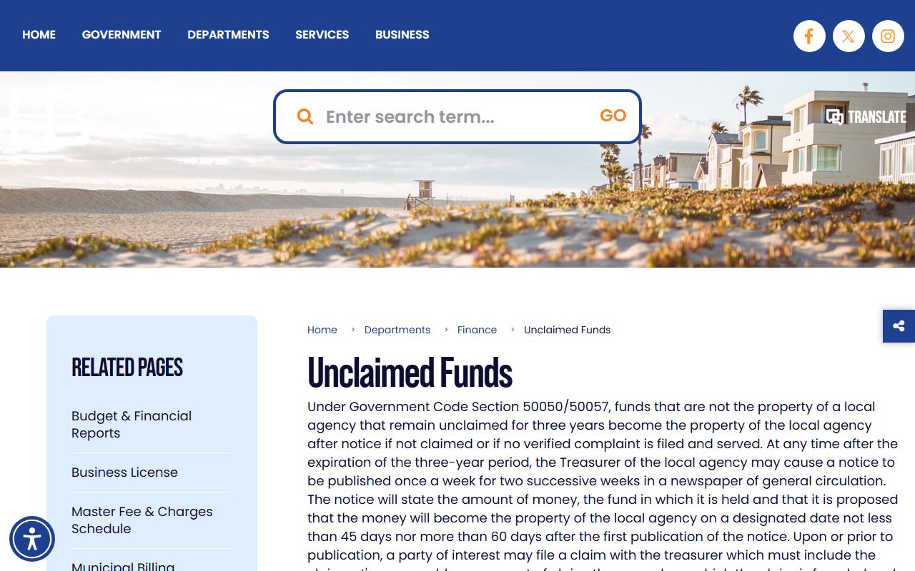 City of Huntington Beach unclaimed funds webpage