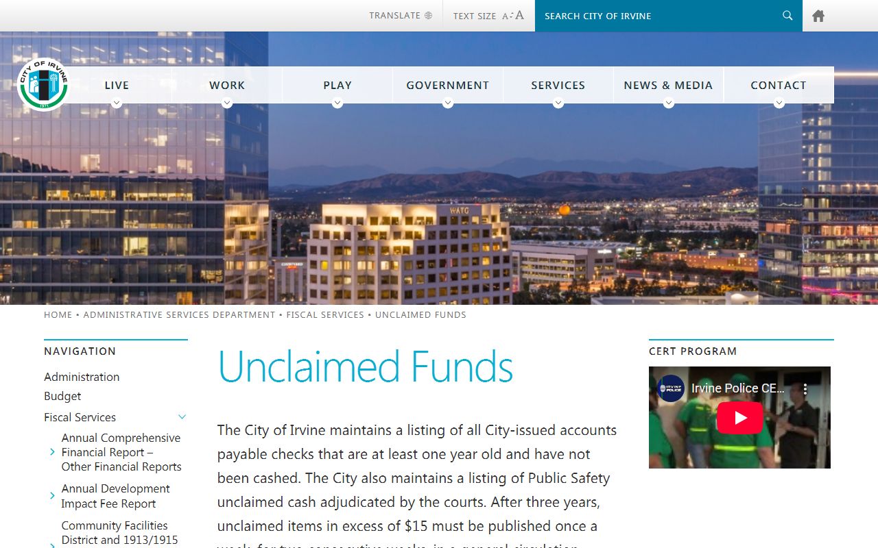 City of Irvine uncashed checks webpage