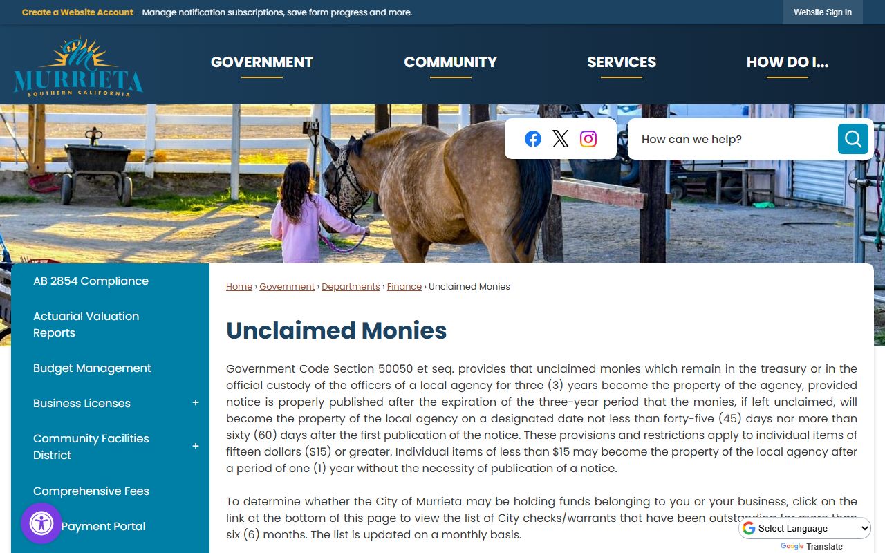 City of Murrieta unclaimed monies page