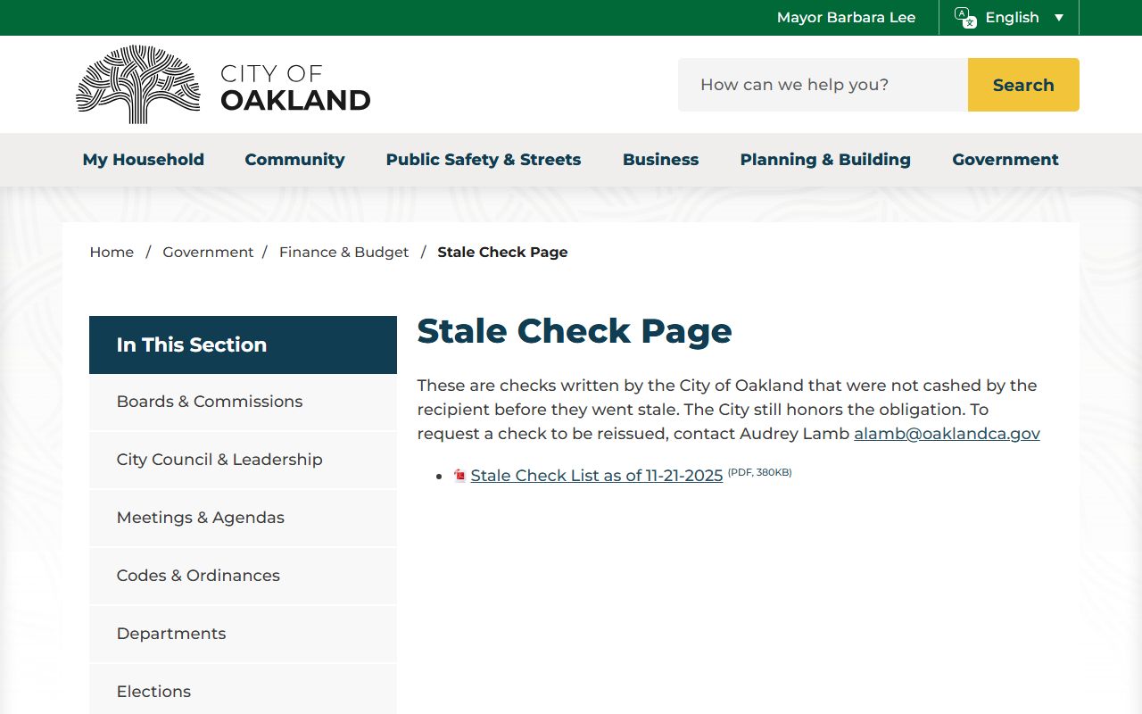 City of Oakland stale check page