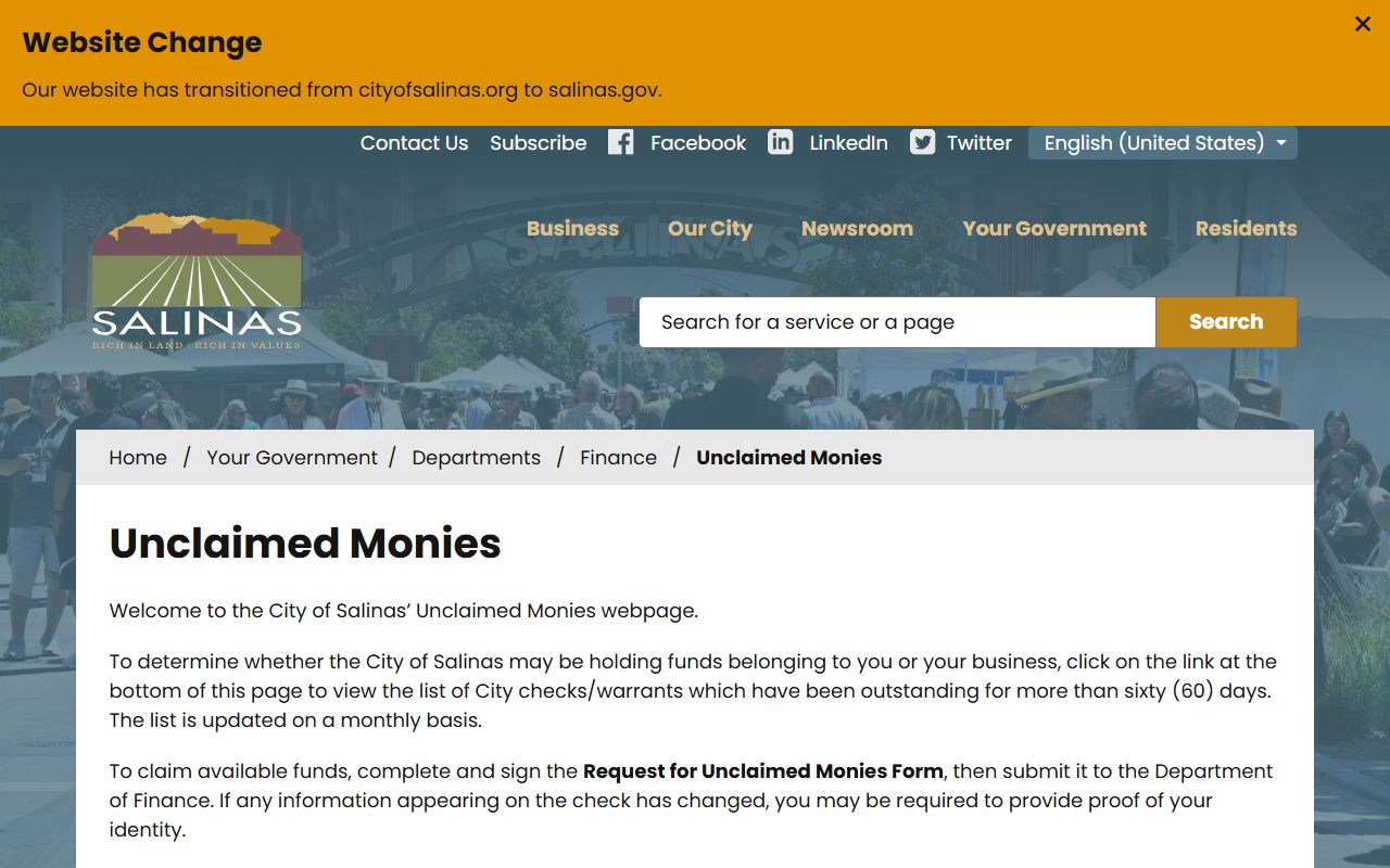 City of Salinas unclaimed monies page for residents
