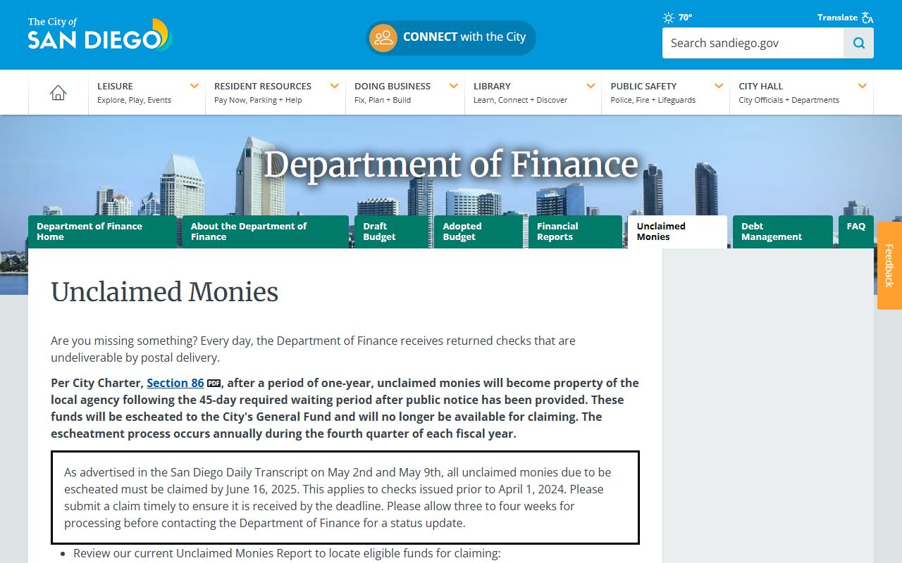 City of San Diego unclaimed monies program webpage