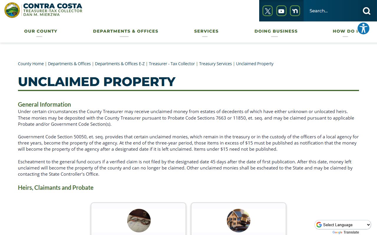 Contra Costa County unclaimed property page