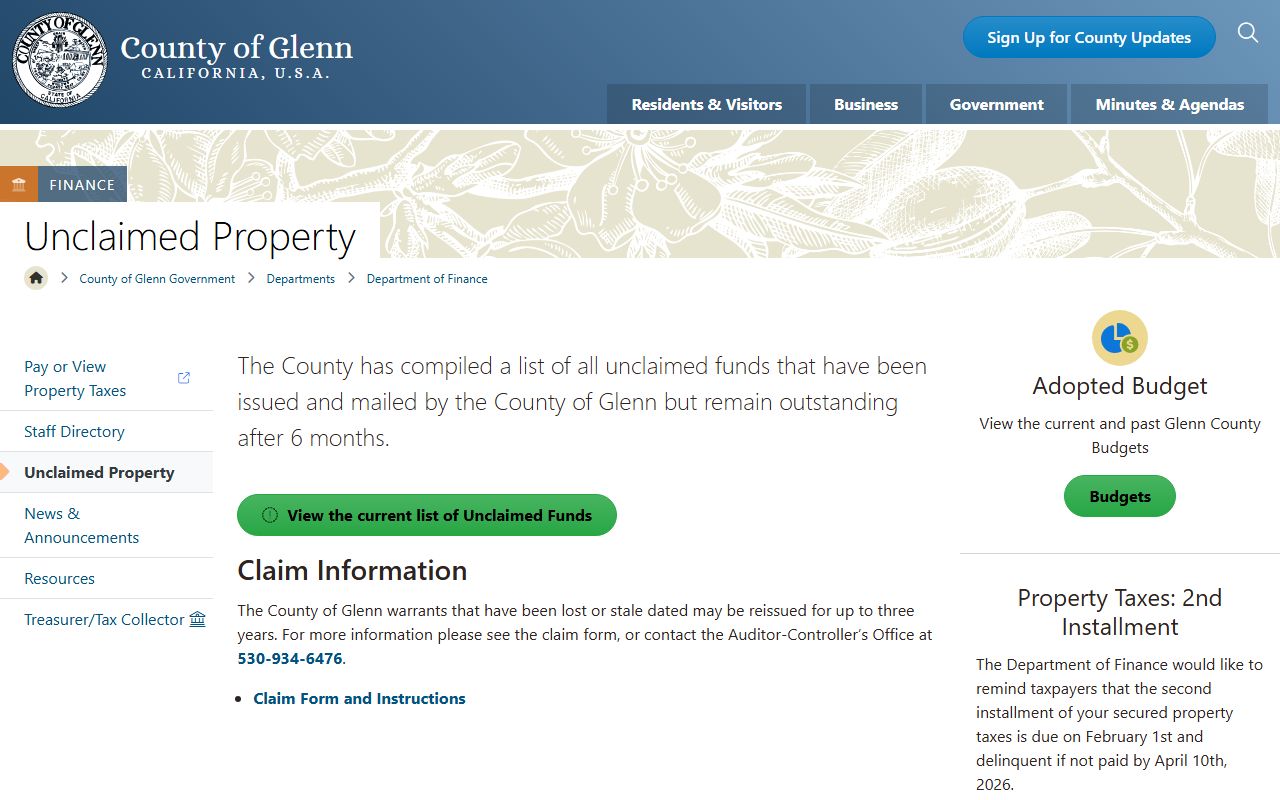 Glenn County unclaimed property page