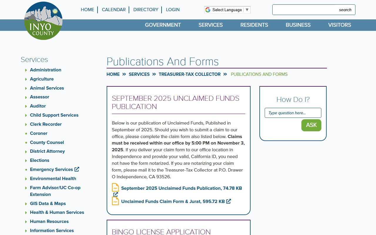 Inyo County treasurer publications page