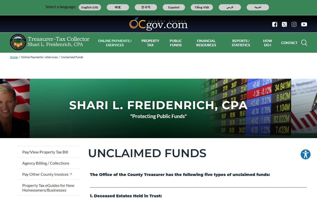 Orange County unclaimed funds portal showing five program types