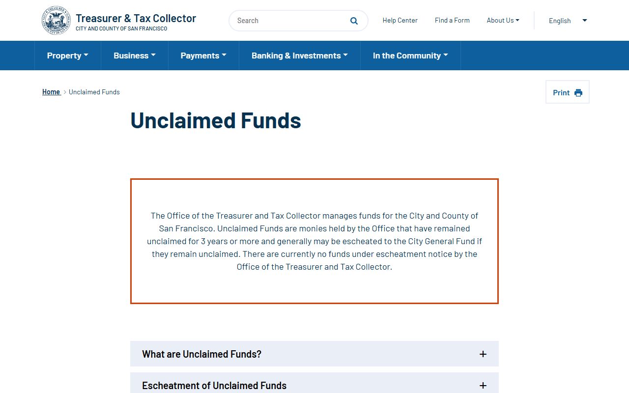 San Francisco treasurer unclaimed funds webpage