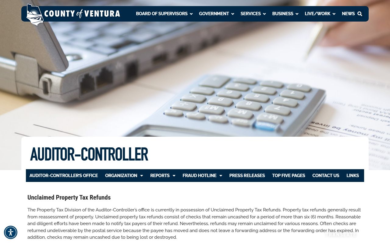 Ventura County property tax refunds page