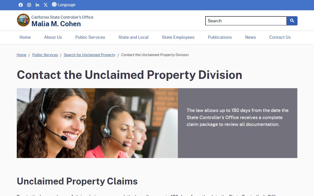California State Controller contact information for unclaimed property