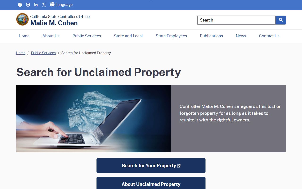 California State Controller main unclaimed property page