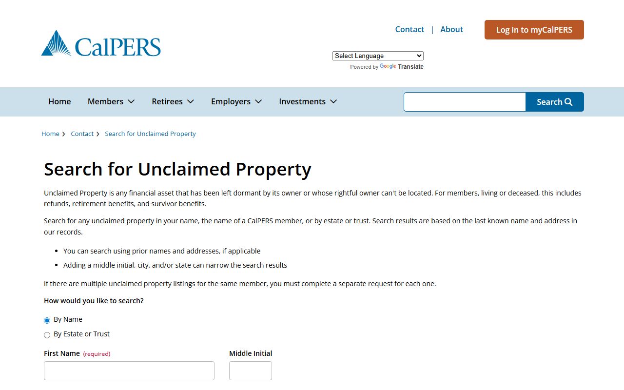 CalPERS unclaimed property search for retirement benefits